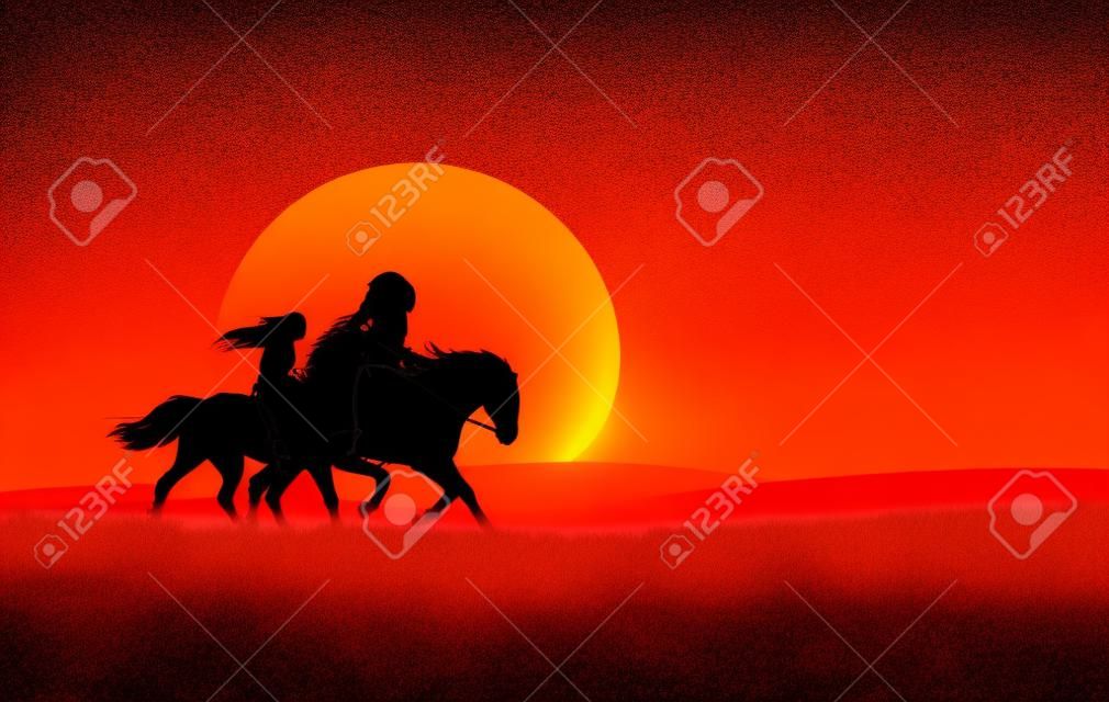 native american chief and beautiful woman riding horses over sunset land - wild west grass prairie vector silhouette design