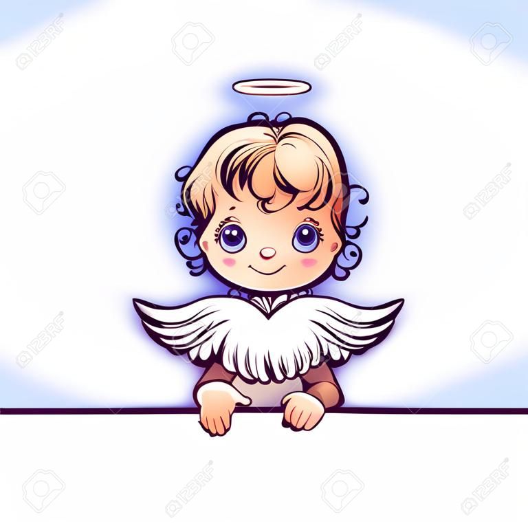 Ilustración vectorial de ángel lindo con el panel de texto.