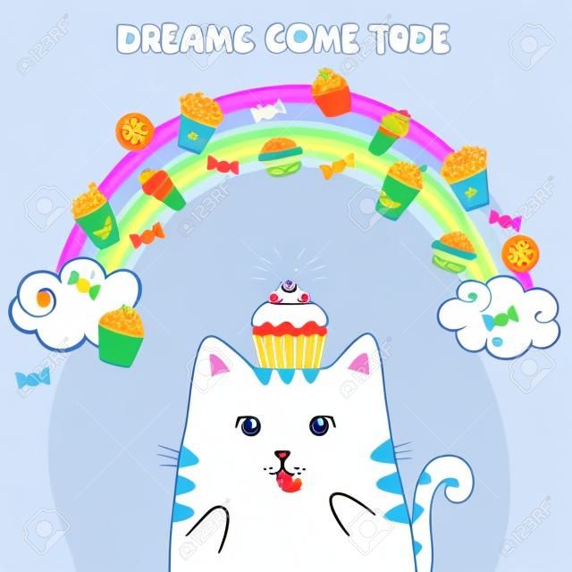White fat cat in the sky with fast food. Dreams come true. Vector illustration. Fairy tale character on the background of the rainbow and clouds