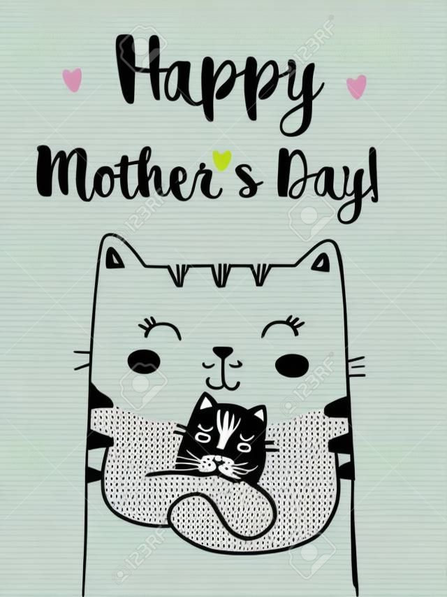 Vector illustratie van moeder kat met van schattig kleine kitten, hand getrokken wenskaart met letters gelukkig moeder dag, kat familie, mummie met slapen baby