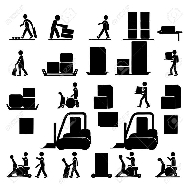 man moving box and things with fork lift togeteher icon sign symbol pictogram