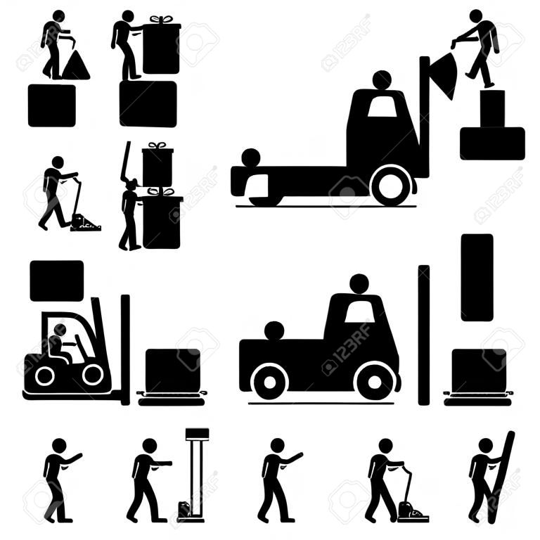 man moving box and things with fork lift togeteher icon sign symbol pictogram