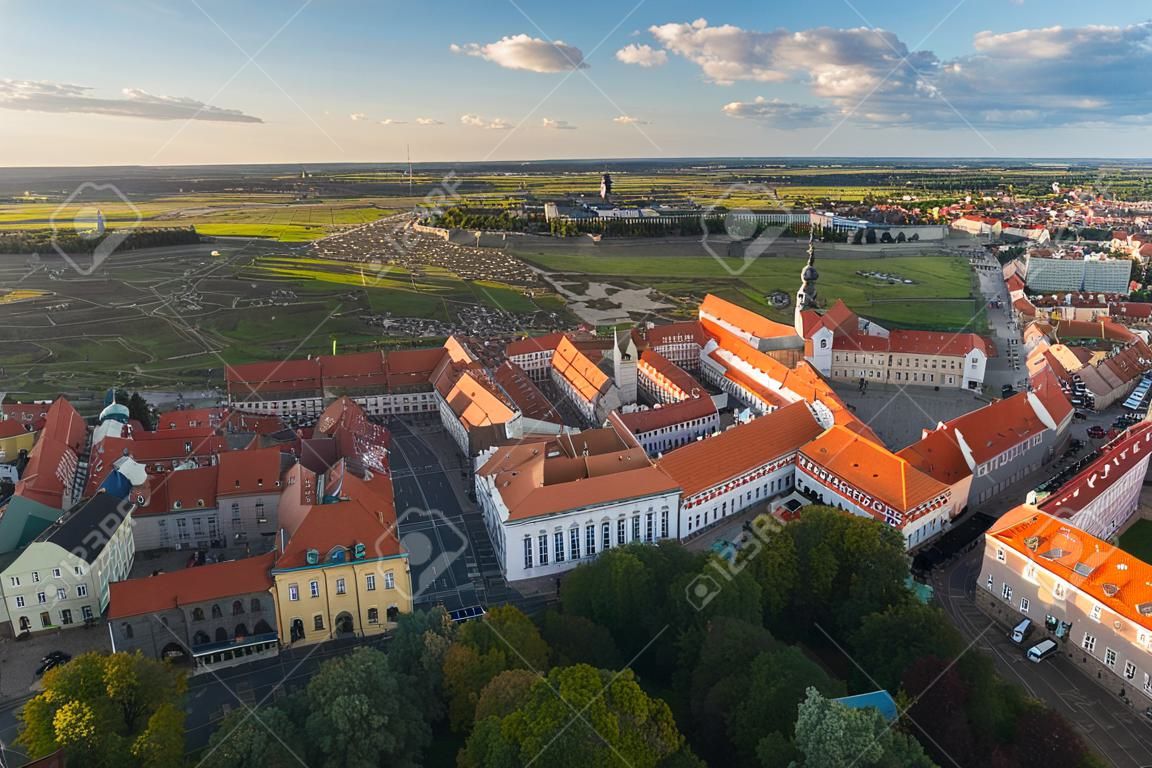 Top aerial view to old town with market square of Kalisz, Poland.