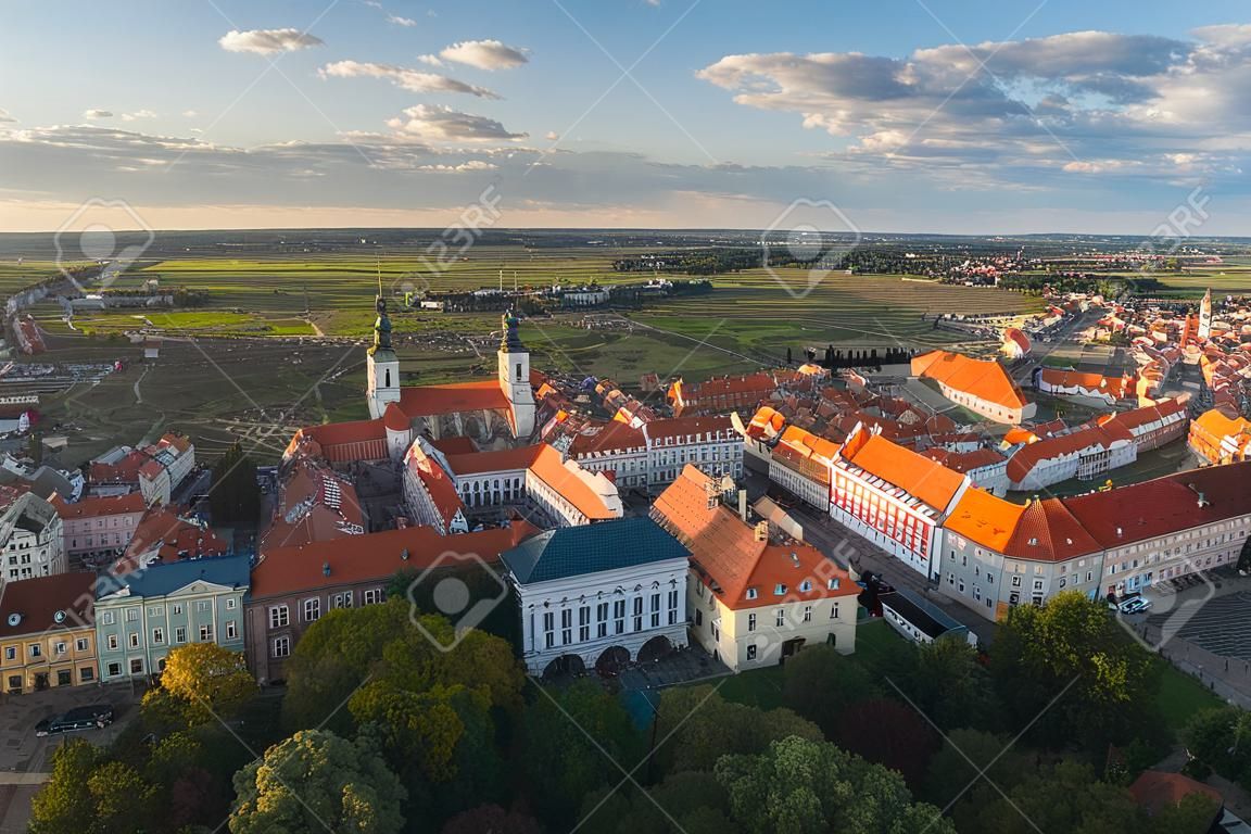 Top aerial view to old town with market square of Kalisz, Poland.