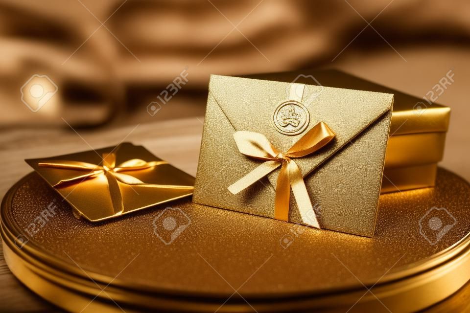 상품권, 상품권 또는 할인. 리본과 왁스 인감이 있는 청동 초대장 봉투, 상품권, 카드, 결혼 초대장의 클로즈업 사진