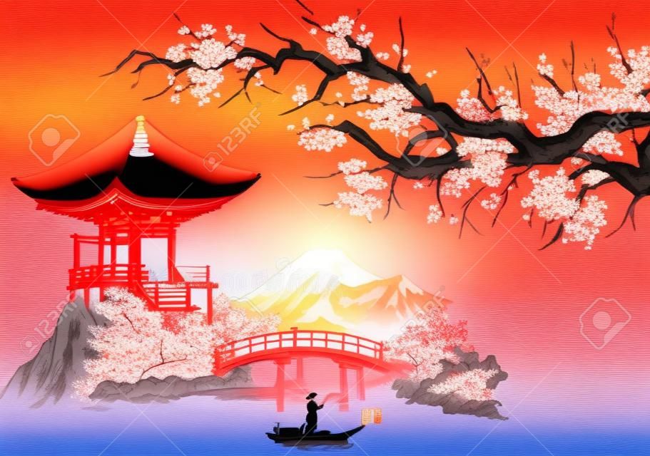 Japan traditionele sumi-e schilderij. Fuji berg, sakura, zonsondergang. Japan zon. Indiase inkt vector illustratie. Japanse foto.