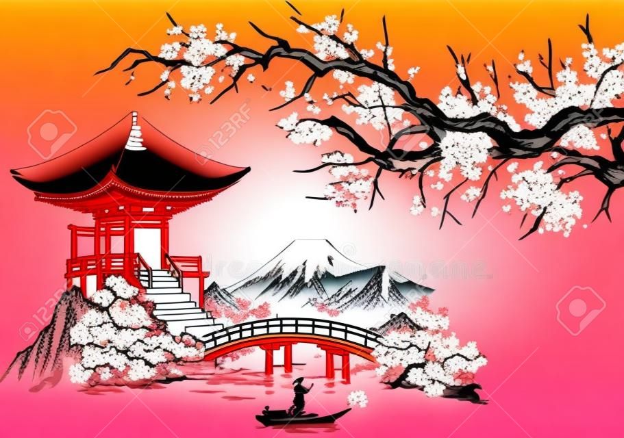 Japanische traditionelle Sumi-e-Malerei. Fuji-Berg, Sakura, Sonnenuntergang. Japanische Sonne. Tusche-Vektor-Illustration. Japanisches Bild.