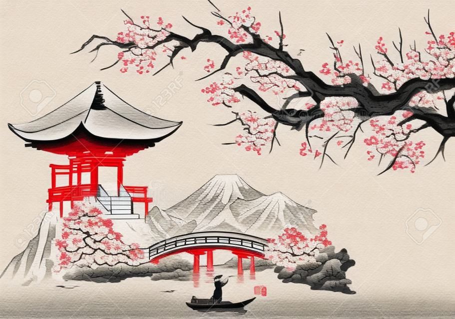 Japanische traditionelle Sumi-e-Malerei. Fuji-Berg, Sakura, Sonnenuntergang. Japanische Sonne. Tusche-Vektor-Illustration. Japanisches Bild.