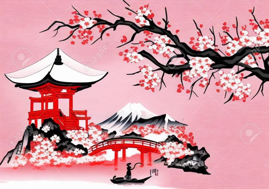 Peinture sumi-e traditionnelle du Japon. Montagne Fuji, sakura, coucher de soleil. Soleil du Japon. Illustration vectorielle à l'encre de chine. Image japonaise.