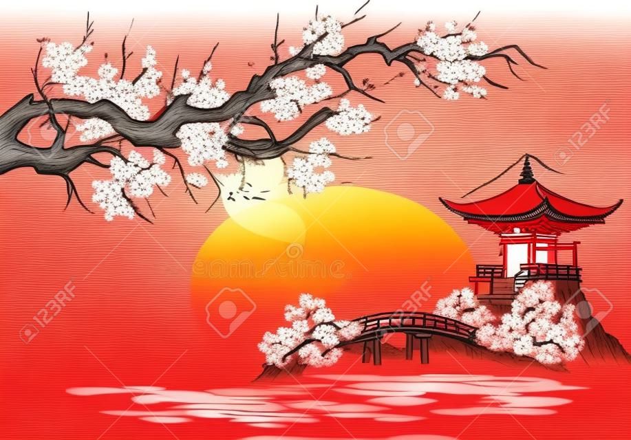 Peinture traditionnelle japonaise sumi-e. Montagne Fuji, sakura, coucher de soleil. Soleil du Japon. Illustration vectorielle à l'encre de chine. Image japonaise.