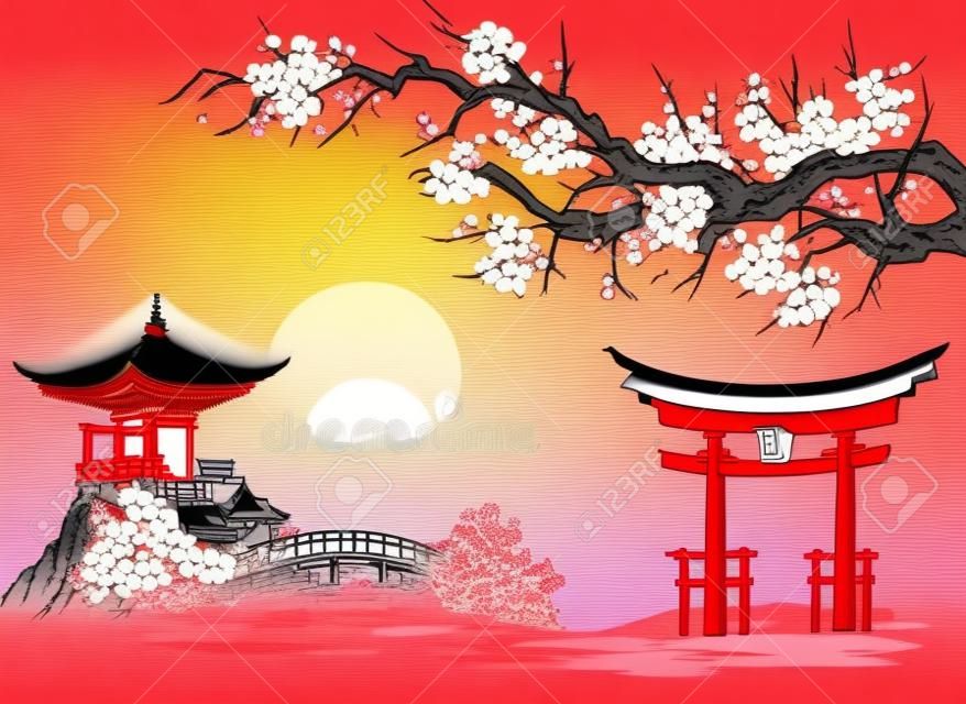 Japońskie tradycyjne malarstwo sumi-e. góra fuji, sakura, zachód słońca. japońskie słońce. ilustracja wektora atramentu indyjskiego. japoński obraz.