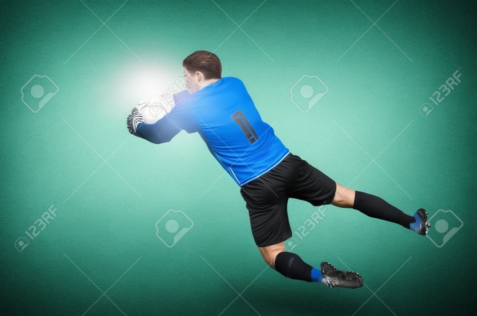 Fußball-Torwart fängt einen Ball, isoliert auf weißem Hintergrund