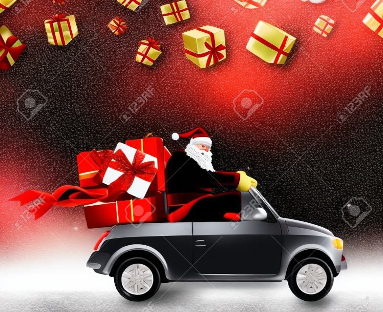 Santa Claus on car delivering Christmas or New Year gifts at red background
