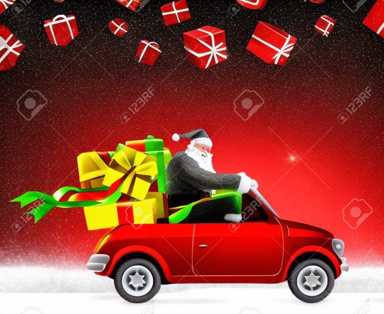背景が赤でクリスマスまたは新年の贈り物を提供する車のサンタ クロース