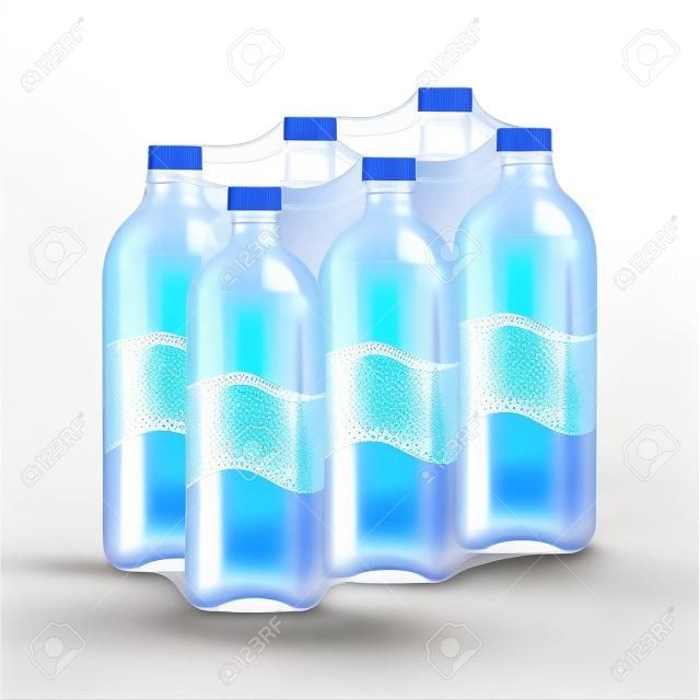 Trinkwasserflasche Sixpack in Plastikfolie isoliert auf weiß, Flasche Wasser trinken in Schrumpffolie durchsichtige Plastikfolie, packt 6 Trinkwasserflaschen in Plastik verpackt, PET verpackt in Flaschen abgefüllt sechs Stück
