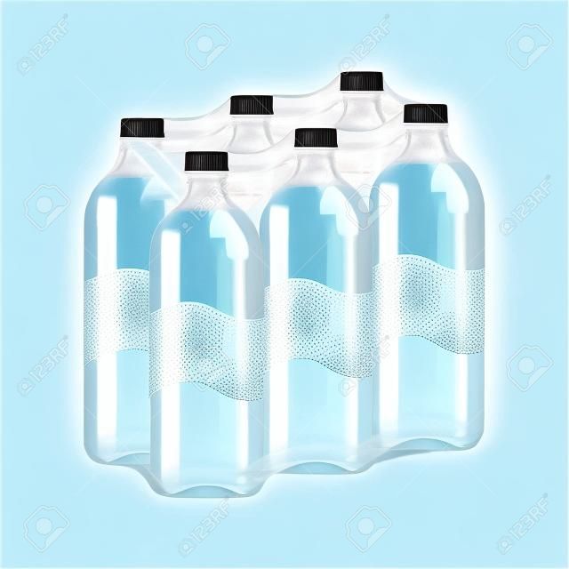 butelka wody pitnej sześciopak w plastikowym opakowaniu na białym tle, butelka wody napój w folii termokurczliwej przezroczyste plastikowe opakowanie, opakowania 6 butelek wody pitnej plastikowe w owiniętych, pakowanych w PET sześć sztuk