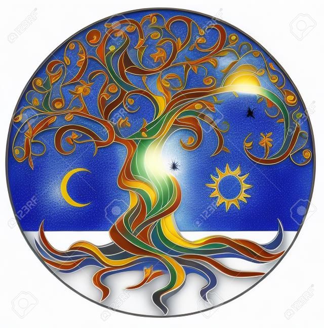 Tree of life with sun and moon on white background