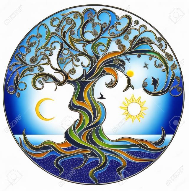 L'albero della vita con il sole e la luna su sfondo bianco