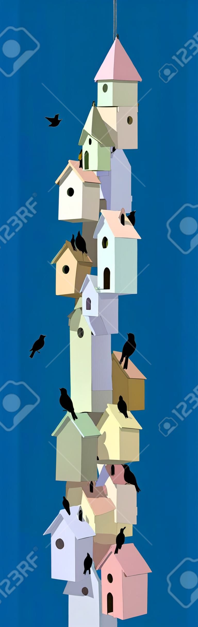 Multi-colored birdhouses built in the form of a skyscraper, minimalist style