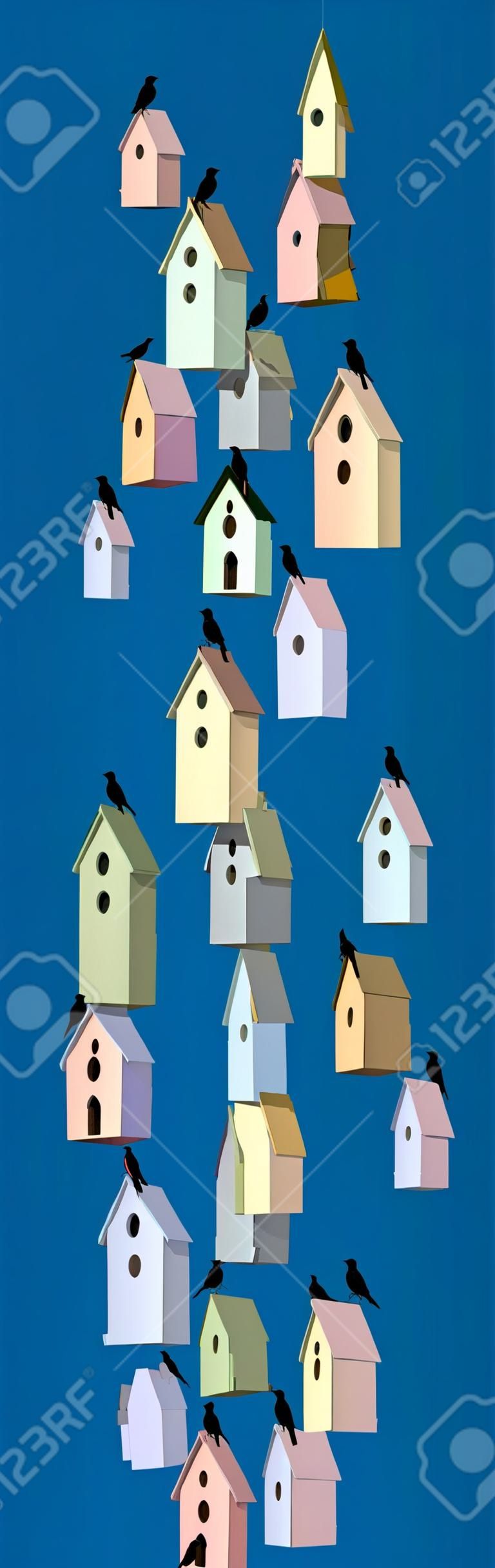 Multi-colored birdhouses built in the form of a skyscraper, minimalist style