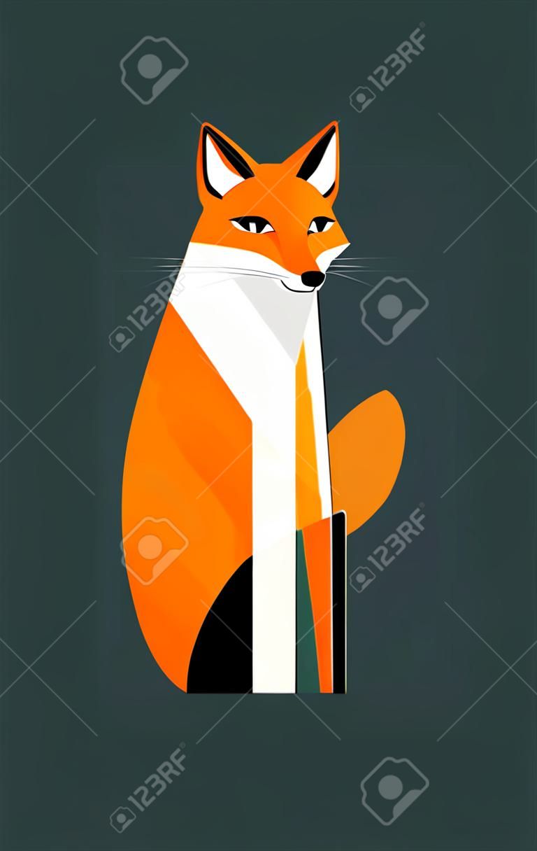 Sitting fox on a dark green background, stylized image