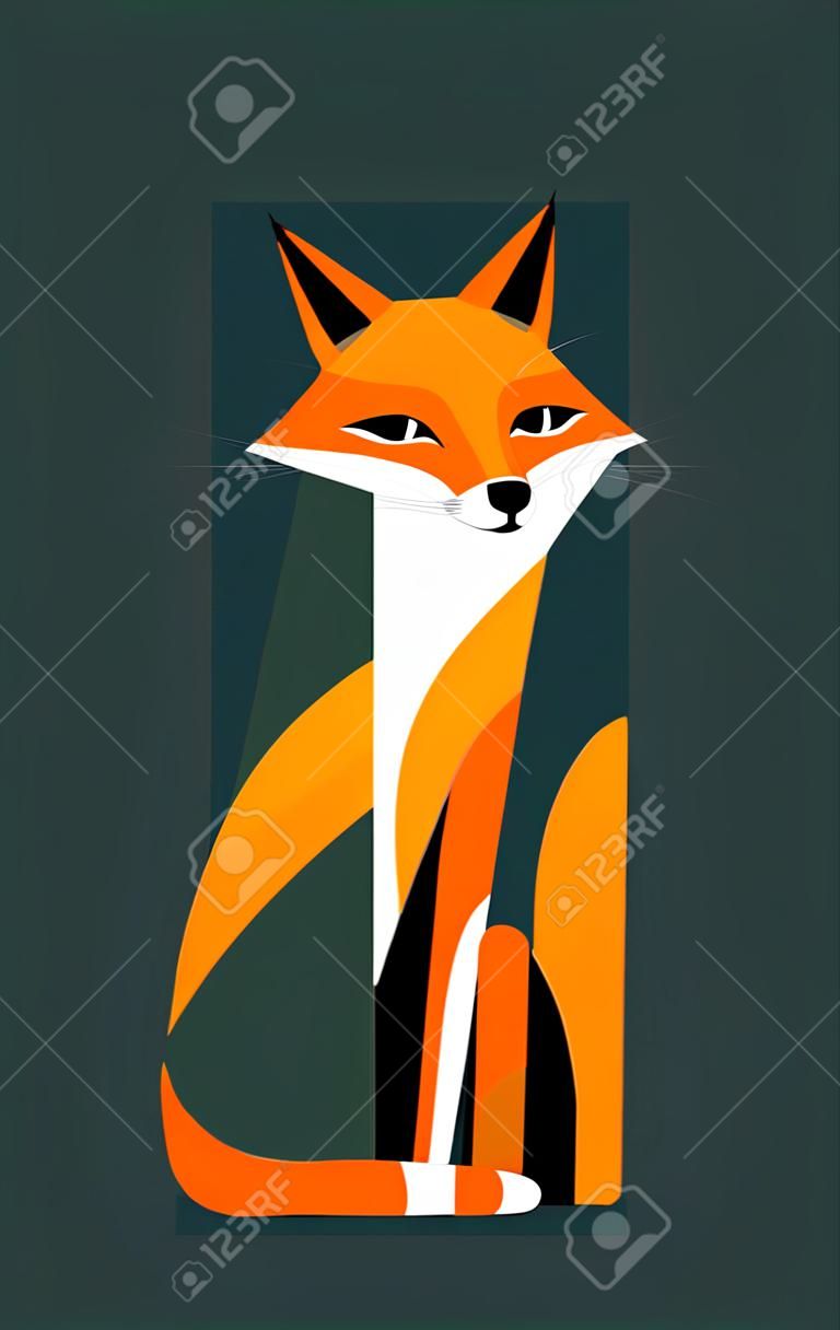 Sitting fox on a dark green background, stylized image
