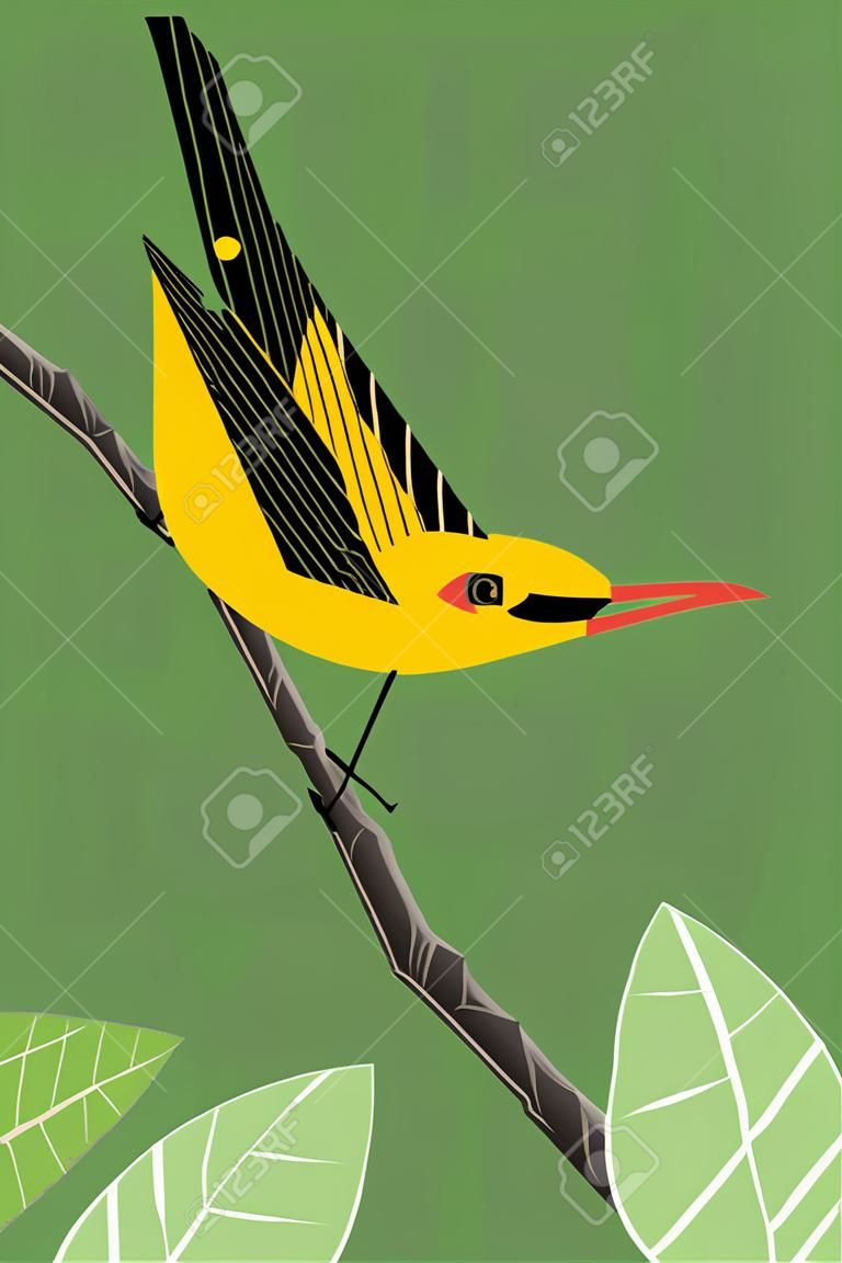 Bright yellow Oriole sings on a tree branch on a green background, stylized image