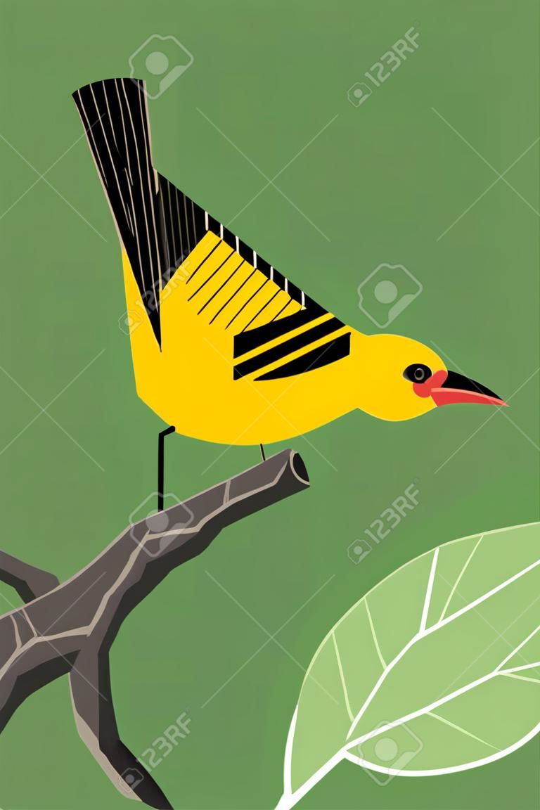 Bright yellow Oriole sings on a tree branch on a green background, stylized image