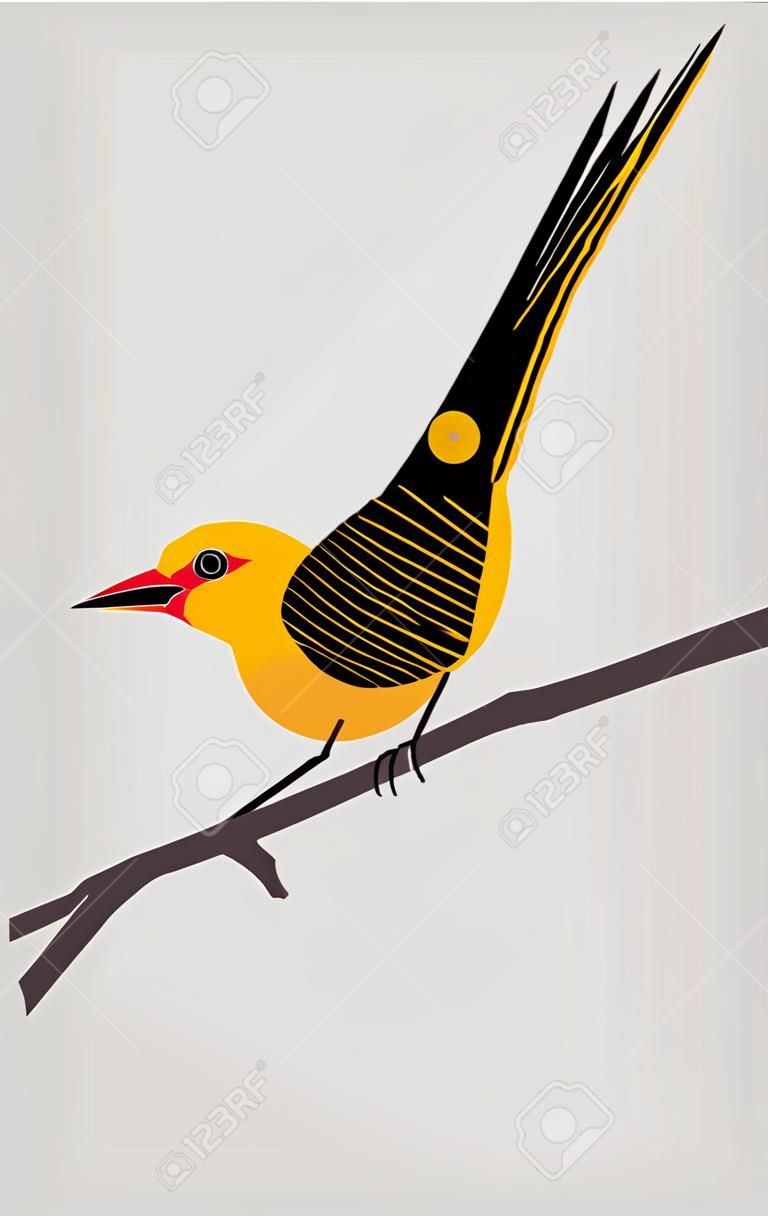 Yellow Oriole sitting on a tree branch on light gray background, stylized image