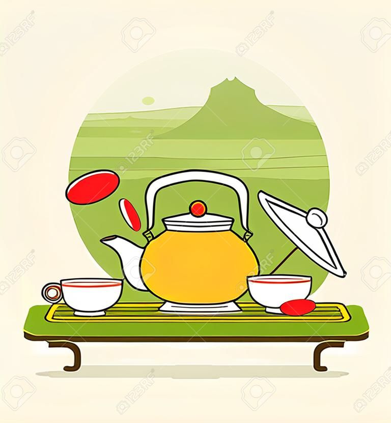 The traditional oriental tea ceremony comes from ancient times. It is still the hallmark of China and Japan. Stylized image, vector illustration.