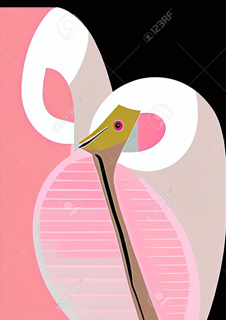 Roseate spoonbill cleans feathers, stylized image, vector