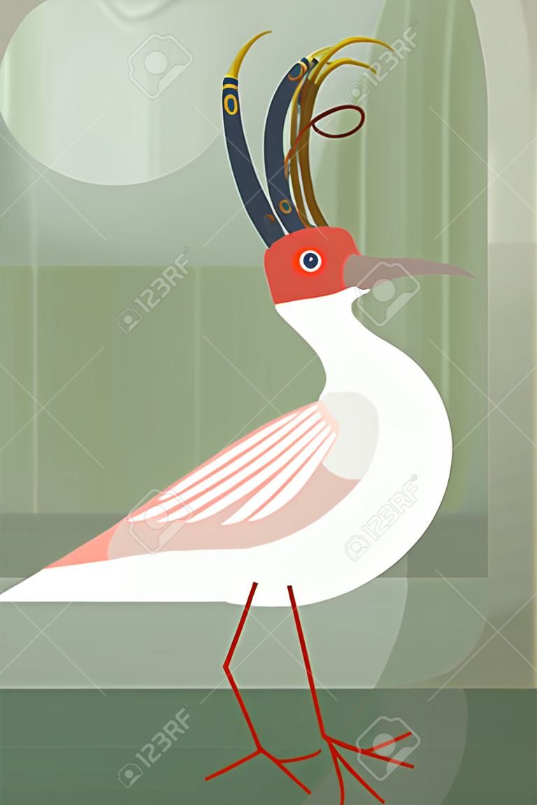 Nipponia nippon chasse un lézard un oiseau magnifique et rare avec des pattes rouges et une tache rouge sur la tête image vectorielle stylisée