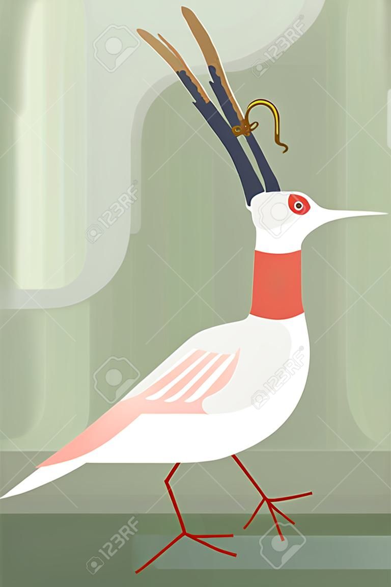 Nipponia nippon chasse un lézard un oiseau magnifique et rare avec des pattes rouges et une tache rouge sur la tête image vectorielle stylisée
