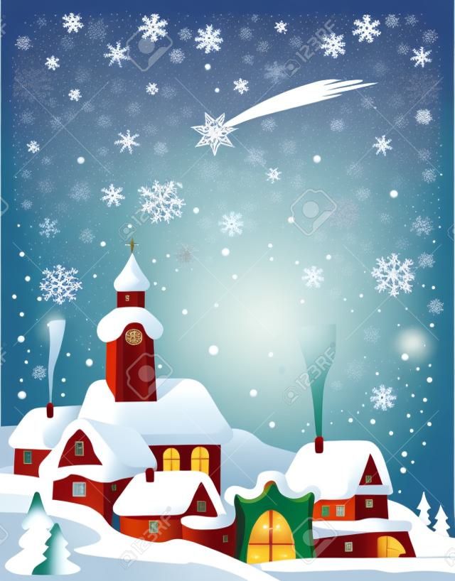 Christmas winter Landscape in Central Europe with Bethlehem star.Vector illustration.