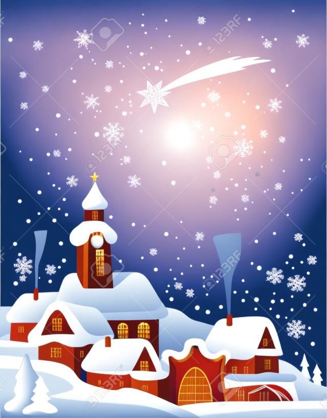 Noël hiver paysage en Europe centrale avec la star de Bethléem.Illustration vectorielle.