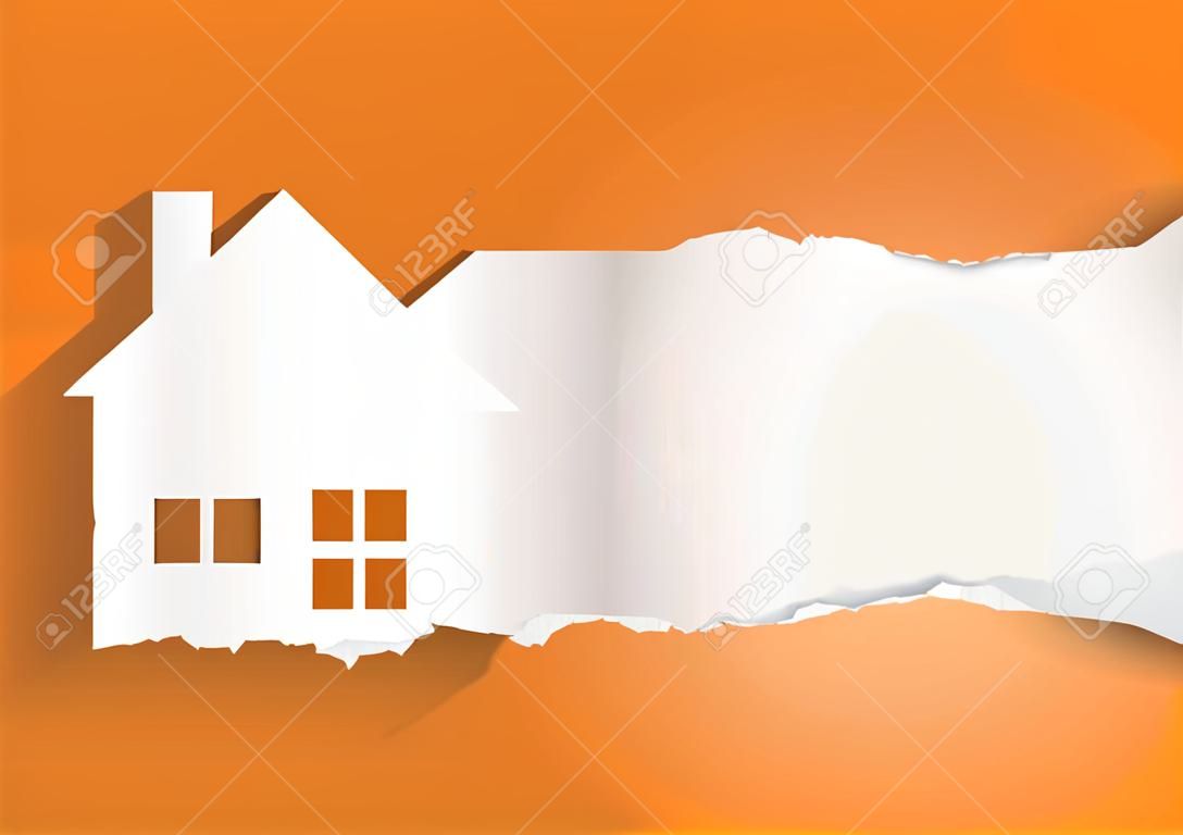 Eladó ház hirdetés sablon. Illusztráció szakadt papír ház szimbólum a helyet a szöveges vagy képes. Vector elérhető.