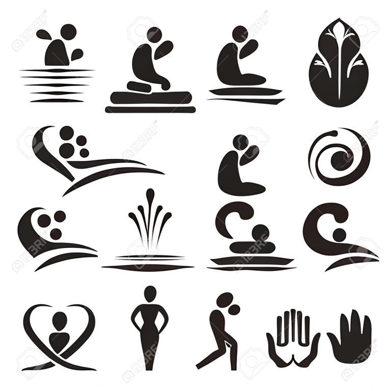 Icone massaggio termale. Set di icone nere di spa e massaggi. Vector disponibili.