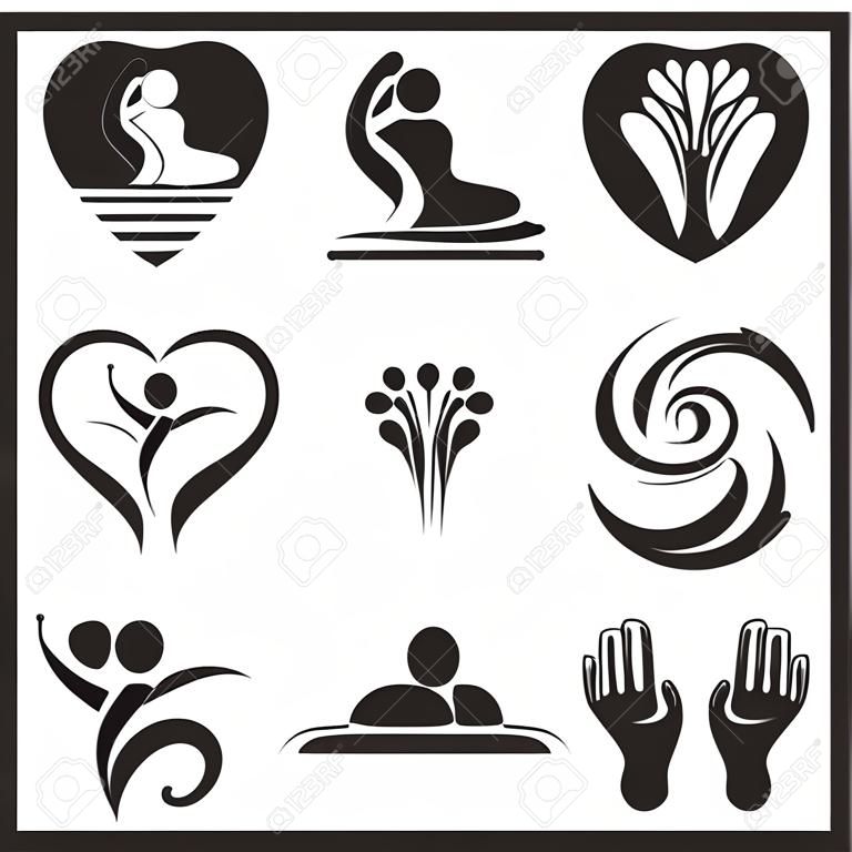 Icone massaggio termale. Set di icone nere di spa e massaggi. Vector disponibili.