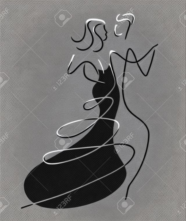 舞厅舞者夫妇。线艺术风格的年轻夫妇跳舞交谊舞的插图。可利用的传染媒介。