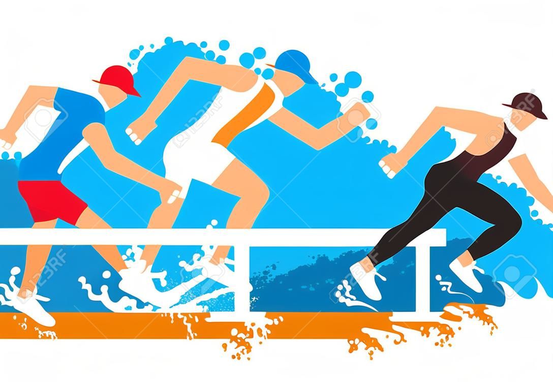 Les coureurs sur l'obstacle du fossé d'eau. Illustration stylisée colorée de coureurs sautant par-dessus un obstacle de fossé d'eau. Vecteur disponible.