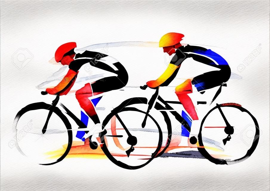 Road cyclists racers. Expressive watercolor imitate Illustration of two road cyclist. Vector available.