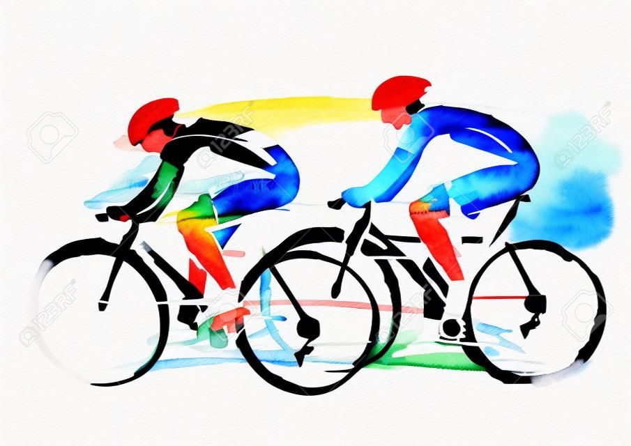 Road cyclists racers. Expressive watercolor imitate Illustration of two road cyclist. Vector available.