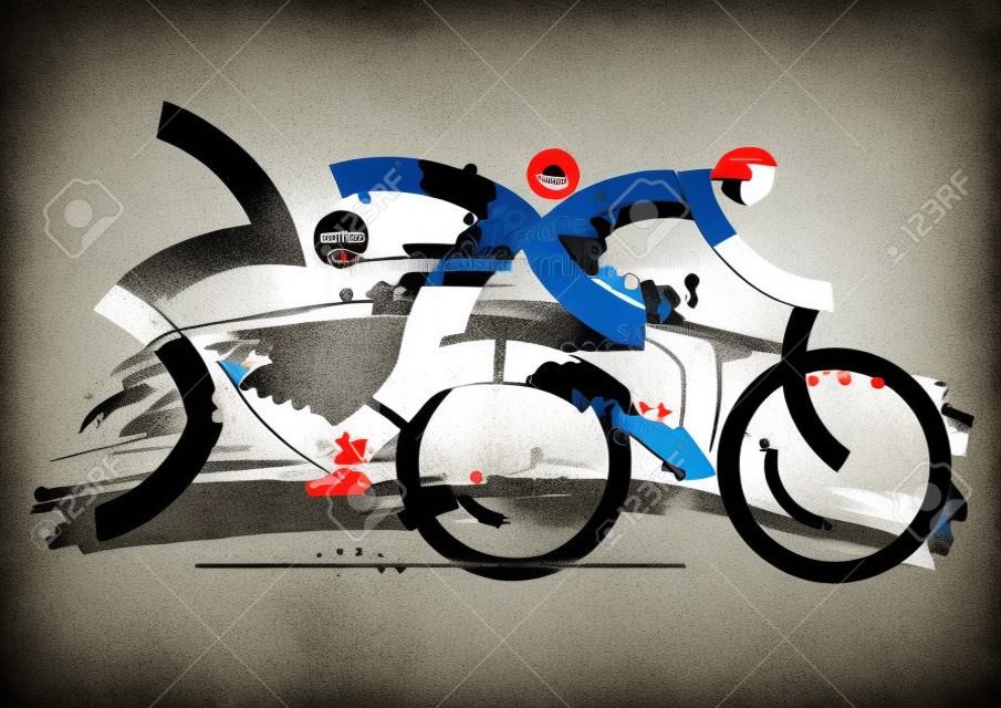 Triathlon corrida expresiv estilizado. Ilustração estilizada expresiv de três atletas de triatlo no fundo grunge. Vector disponível.