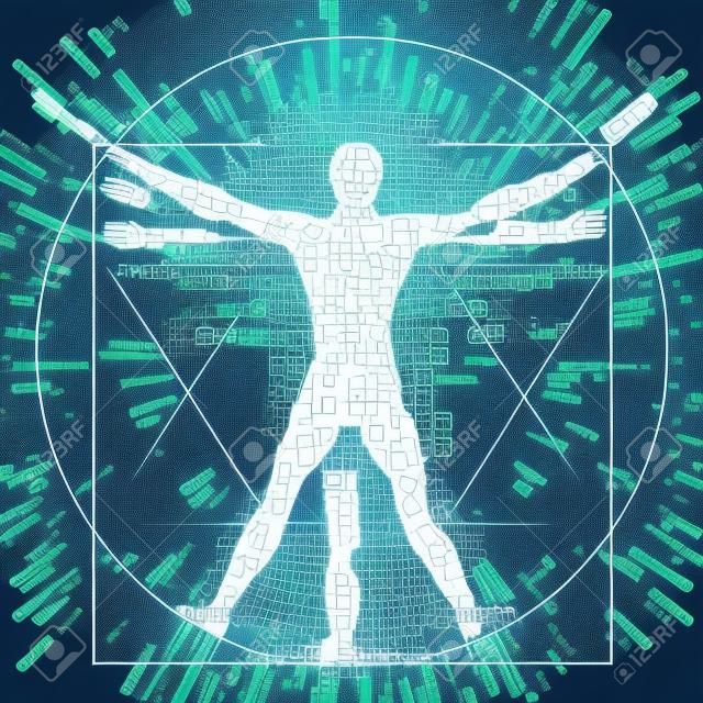 디지털 시대의 비트루비안 맨. 디지털 시대를 상징하는 이진 코드를 가진 비트루비안 남자의 미래 그림.