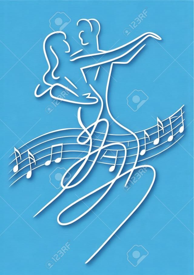 Balroom Dancers Couple with musical notes. Line art stylized illustration of couple dancing ballroom dance on blue background. Vector available.
