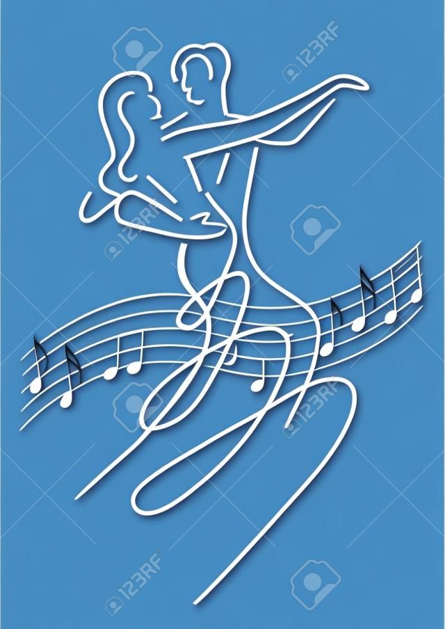 Balroom Dancers Couple with musical notes. Line art stylized illustration of couple dancing ballroom dance on blue background. Vector available.