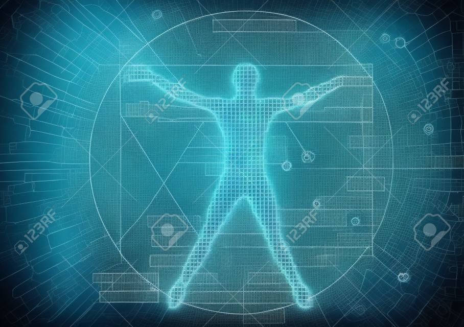 Modern Vitruvian man and computer data. Futuristic grunge stylized Illustration of blue vitruvian man with destroyed binary codes.
