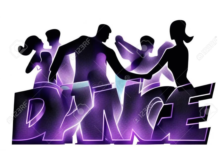 Dancing people, dance party. Dancing couples with DANCE inscription. Stylized Illustration of dancers.Isolated on white background. Vector available.