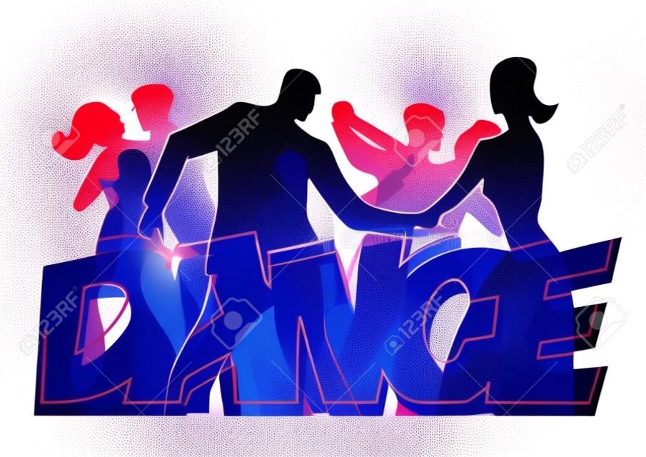 Dancing people, dance party. Dancing couples with DANCE inscription. Stylized Illustration of dancers.Isolated on white background. Vector available.