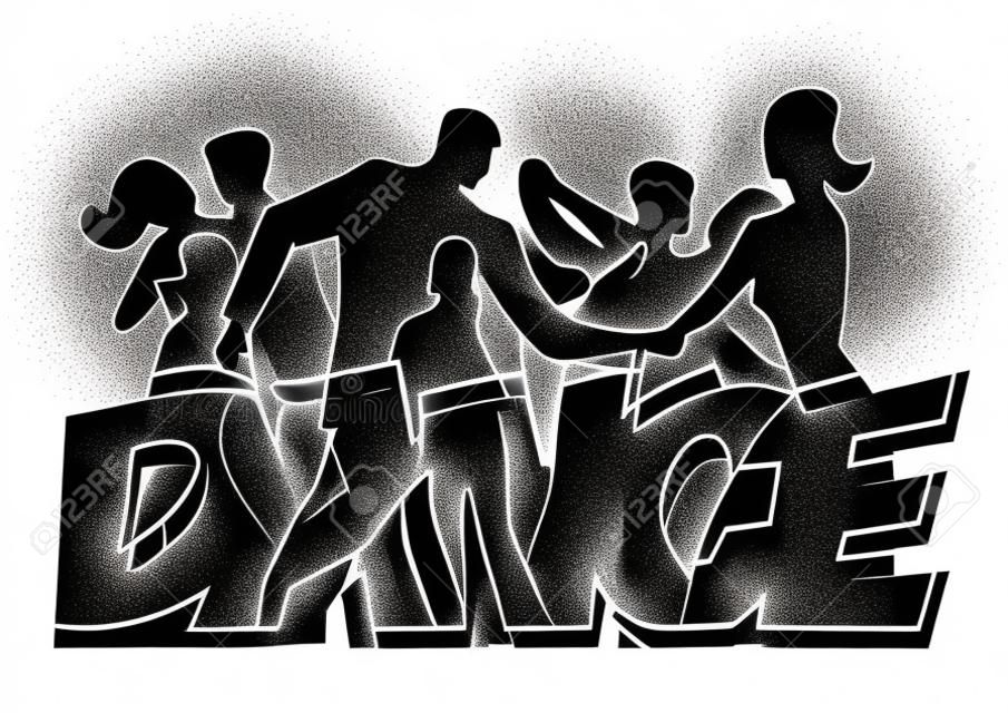 Gente che balla, festa da ballo. Coppie danzanti con iscrizione DANCE. Illustrazione stilizzata di dancers.Isolated su sfondo bianco. Vettore disponibile.